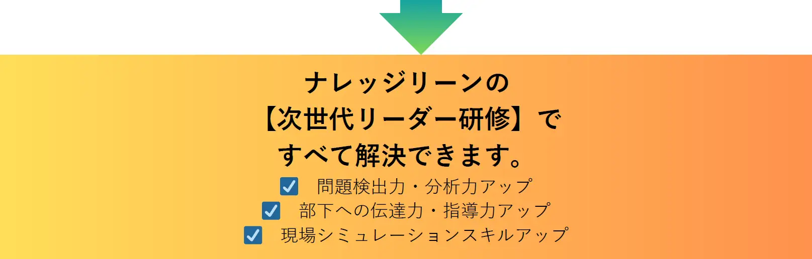 ナレッジリーンの【次世代リーダー研修】ですべて解決できます。問題検出力・分析力アップ　 部下への伝達力・指導力アップ　 現場シミュレーションスキルアップ